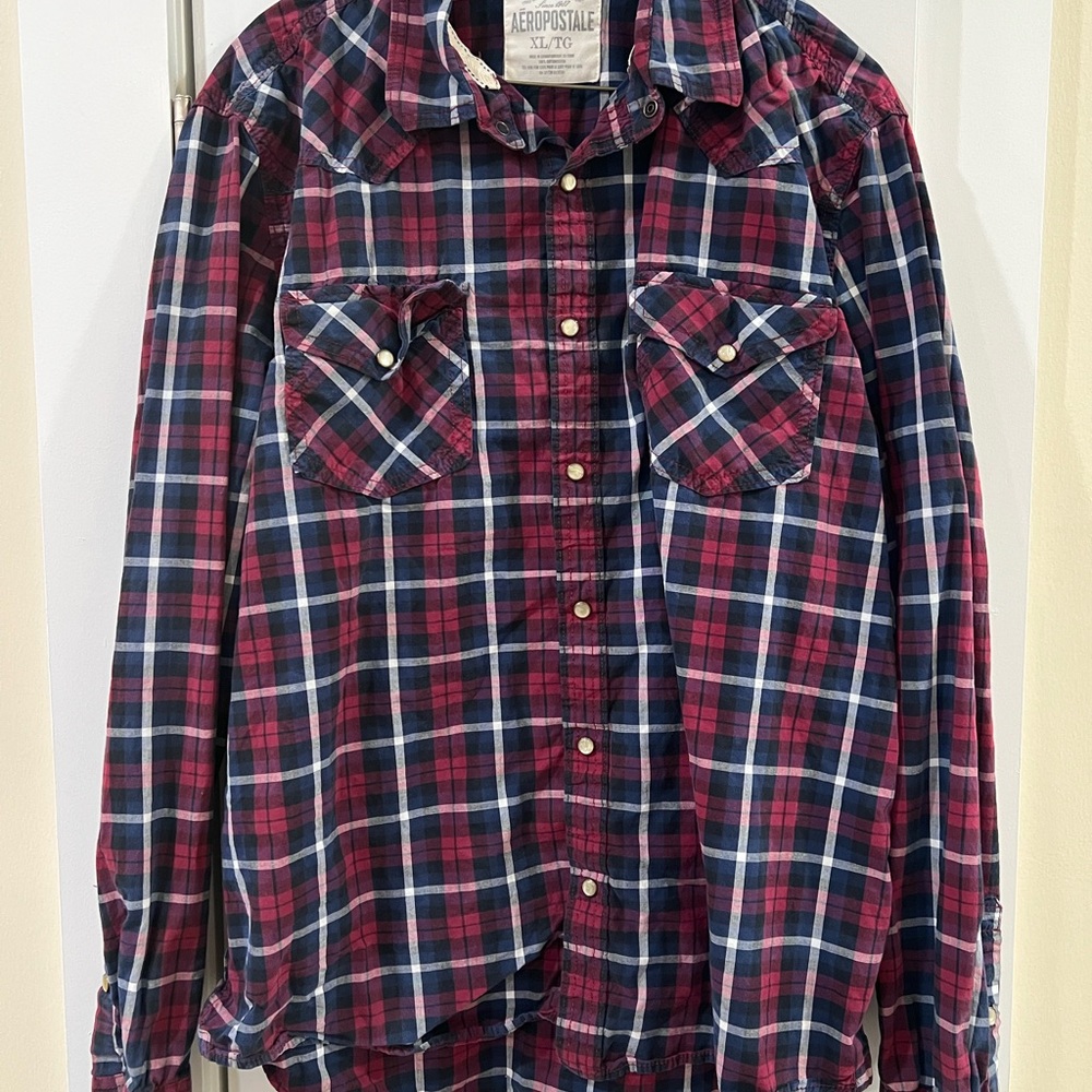 Aeropostale Men's Casual Plaid Shirt - Red and Blue